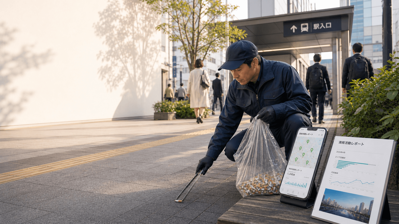 駅前の清掃活動と報告データのイメージ